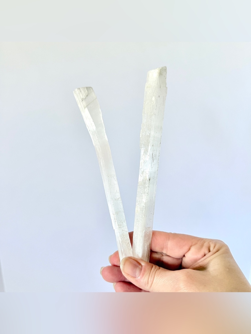 Set of 2 White Selenite Crystal Wands Satin Spar Gypsum Sticks 7” 90g